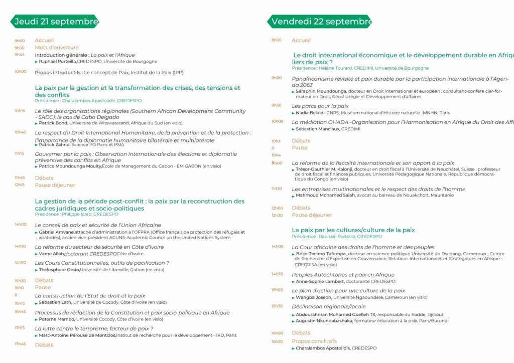 Programme du colloque "Afrique et paix"